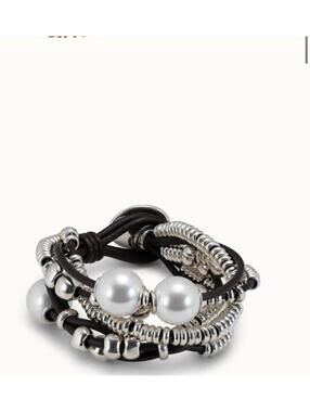 Uno de 50 Silver and Leather Multi-Strand Bracelet with Pearls